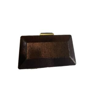 Kate Landry Metallic Bronze Clutch w/ Black Clasp, Gold Trim & Black Cord Strap